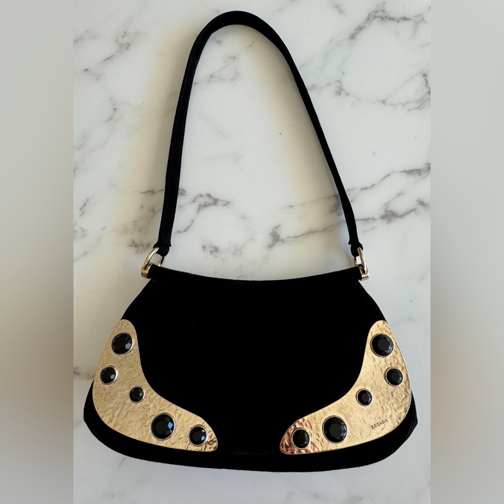 Escada black suede with silver metal and black stone shoulder bag